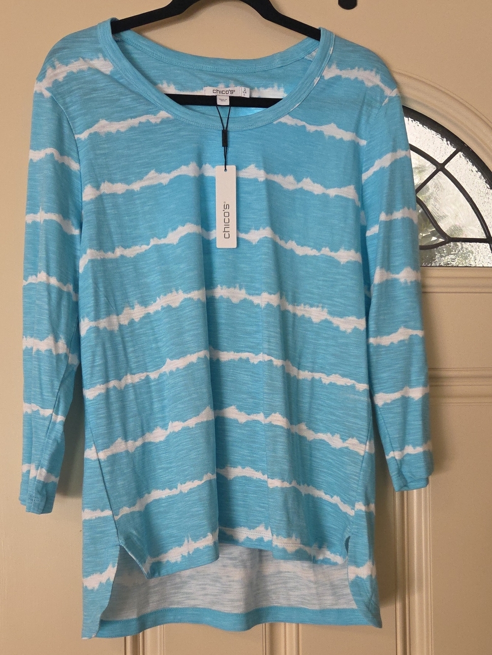 Chico's Aqua & White Tie-Dye Stripe Long Sleeve Tee